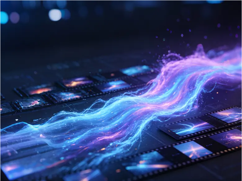Neon-lit film strips with light trails, representing the creative flow of video editing and storytelling.